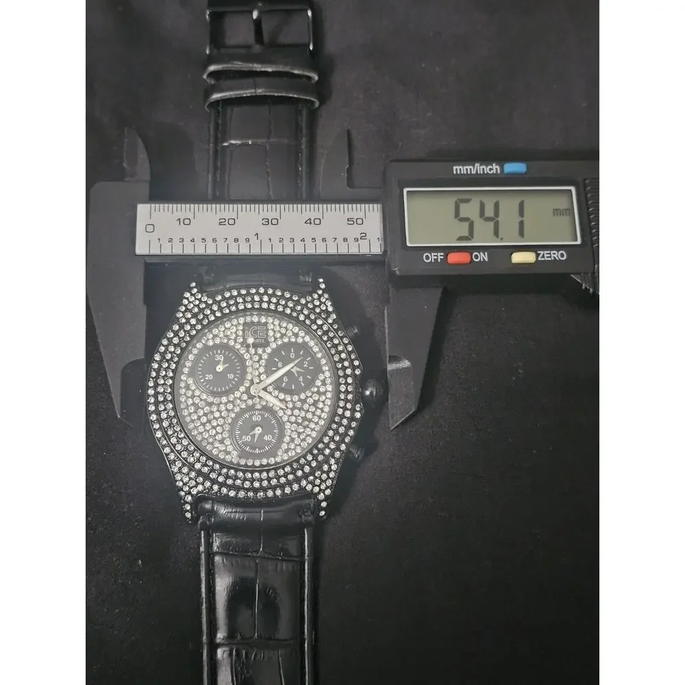 54.1mm black crystal stone Fashion Analog Quartz watch w/Black Faux Leather Band